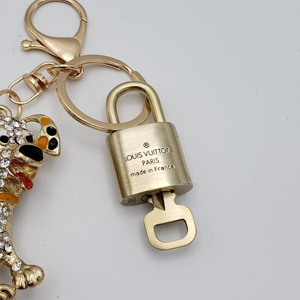 Authentic Louis Vuitton Gold Padlock & Key w/Unbranded Rhinestone Dog Keychain - Picture 9 of 9